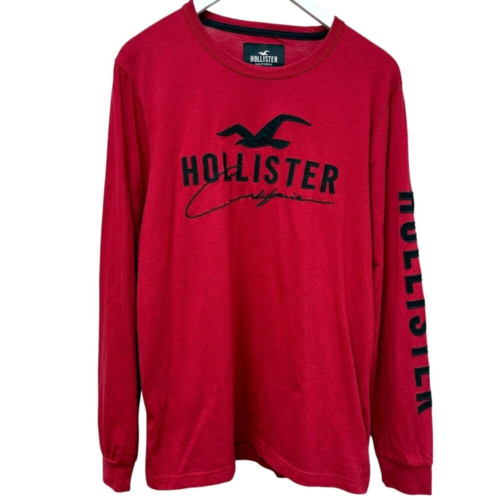HOLLISTER Red Long Sleeve Tee Medium Logo Applique Casual Shirt Y2K